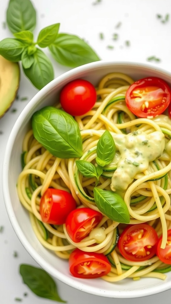 A bowl of zucchini noodles topped with avocado sauce, cherry tomatoes, and basil leaves.