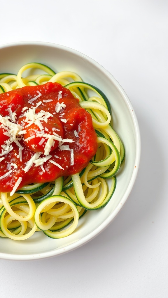 A bowl of zucchini noodles topped with marinara sauce and grated cheese.