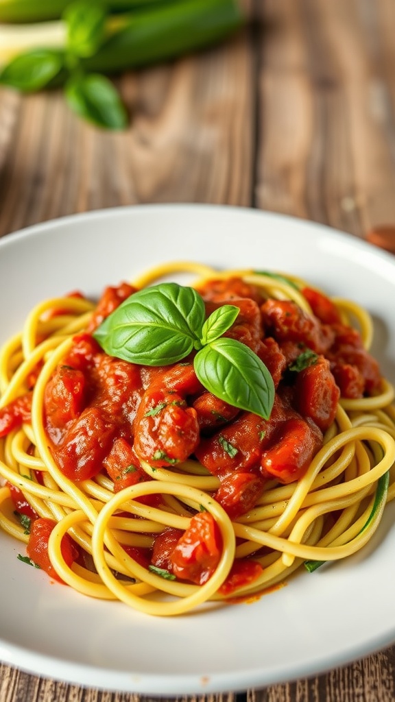 A plate of zucchini noodles topped with marinara sauce and basil.