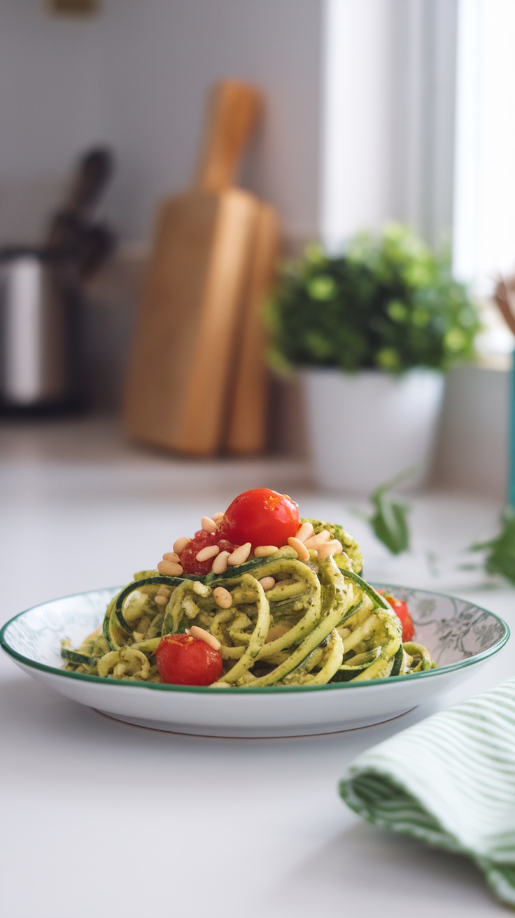 A plate of zucchini noodles tossed in pesto, garnished with cherry tomatoes and pine nuts.