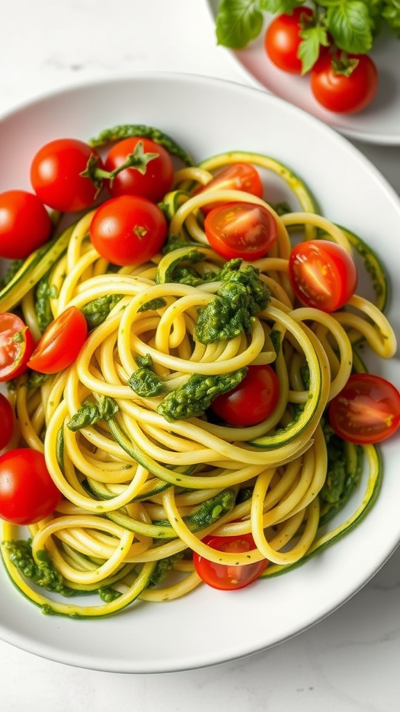 A bowl of zucchini noodles tossed with pesto and cherry tomatoes, garnished with fresh basil.
