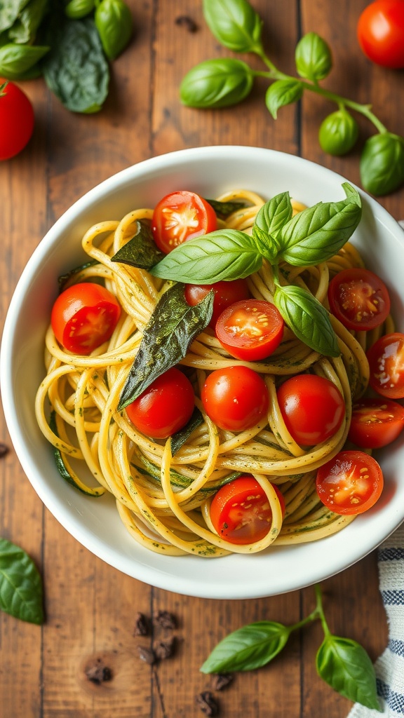 A bowl of zucchini noodles topped with pesto and cherry tomatoes garnished with fresh basil.