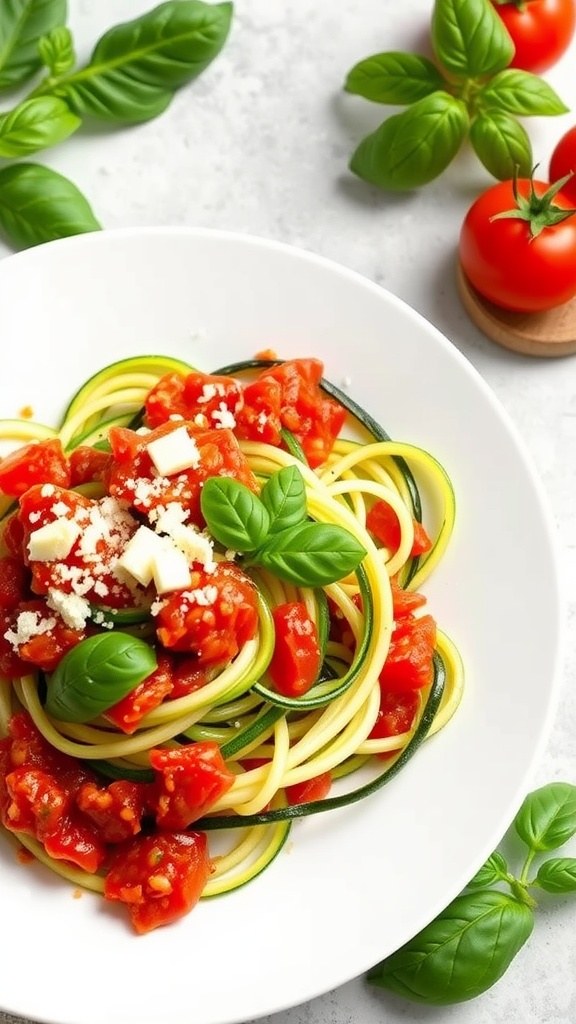 Plate of zucchini noodles topped with tomato basil sauce and fresh basil leaves.