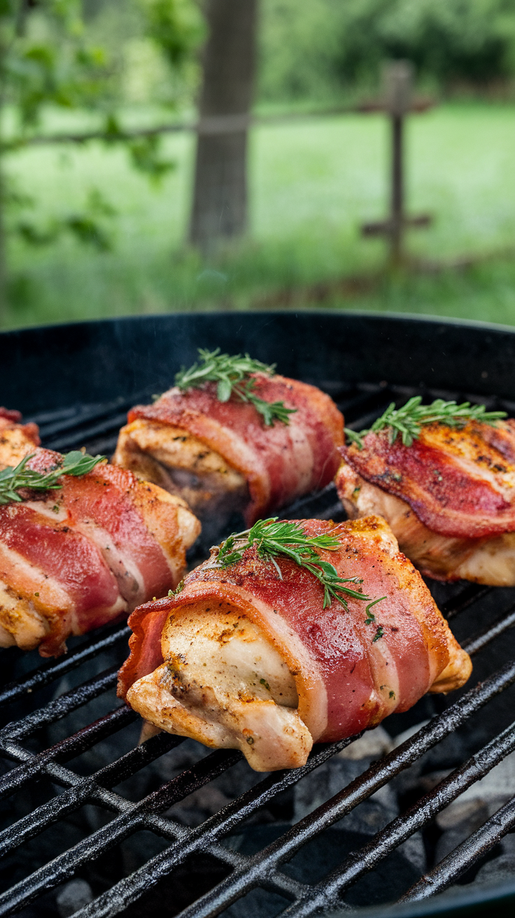 Grilled bacon-wrapped chicken thighs on a barbecue grill