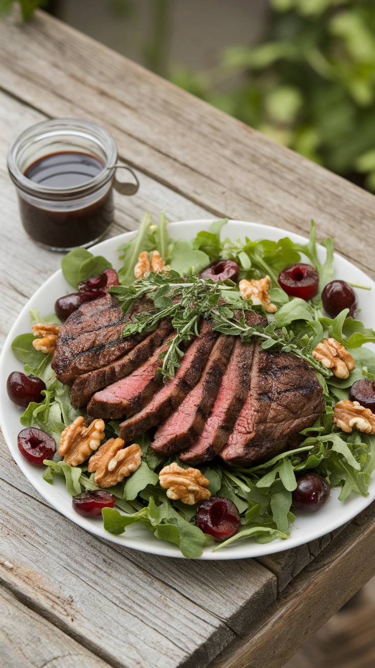 A delicious grilled ribeye steak salad with sliced steak, walnuts, and cherries on a bed of greens.
