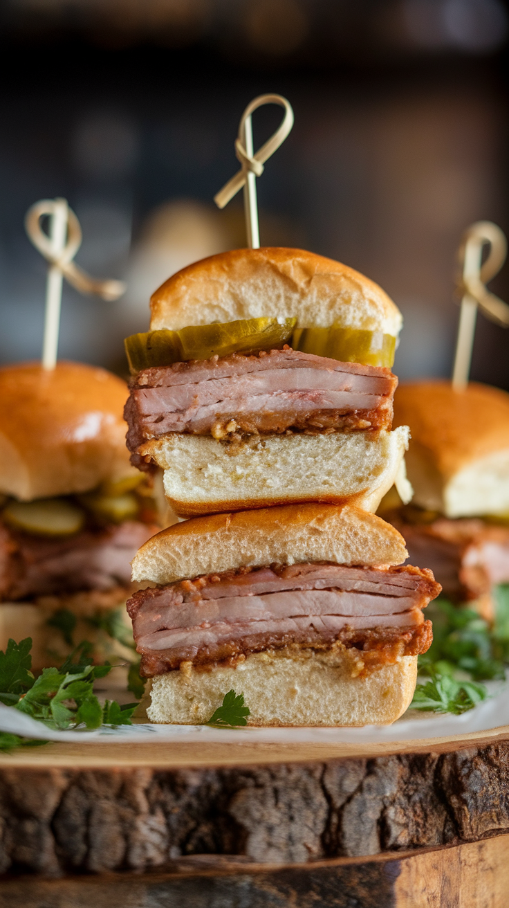 A close-up of delicious pork belly sliders stacked on a wooden board.