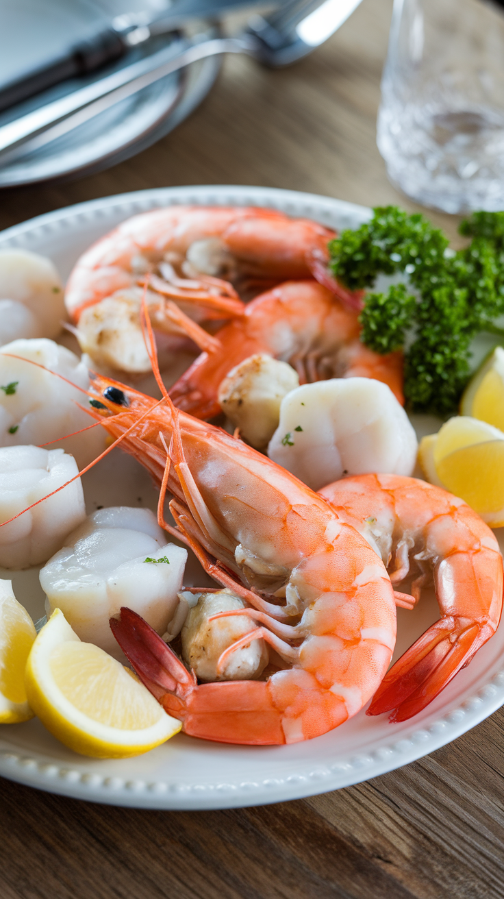 A delicious platter featuring shrimp, scallops, lemon, and parsley.
