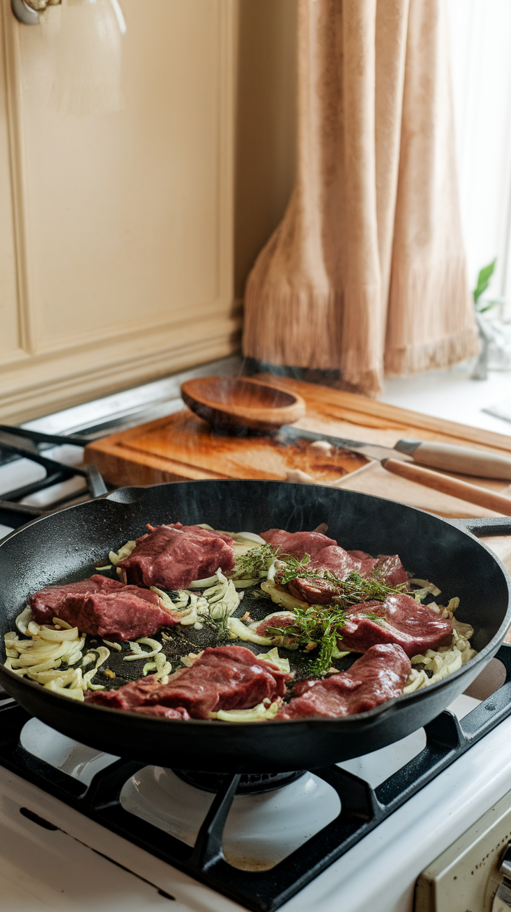 A skillet with sizzling beef liver and onions cooking on a stove