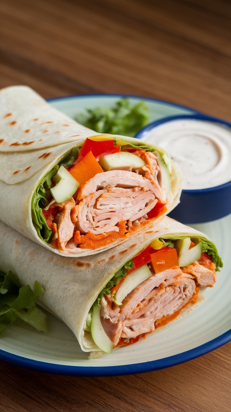 Buffalo chicken wraps on a plate with dipping sauce