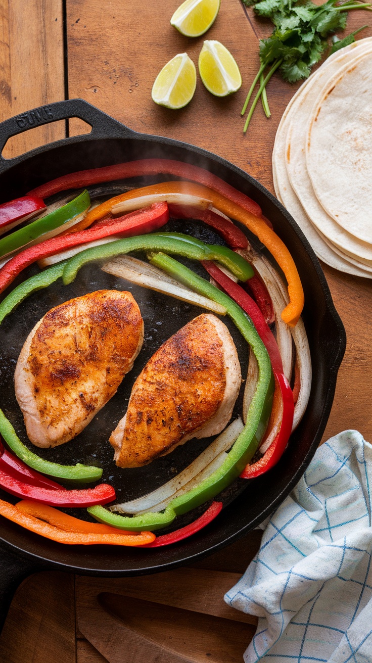 A colorful chicken fajita skillet with bell peppers and onions, served with tortillas.