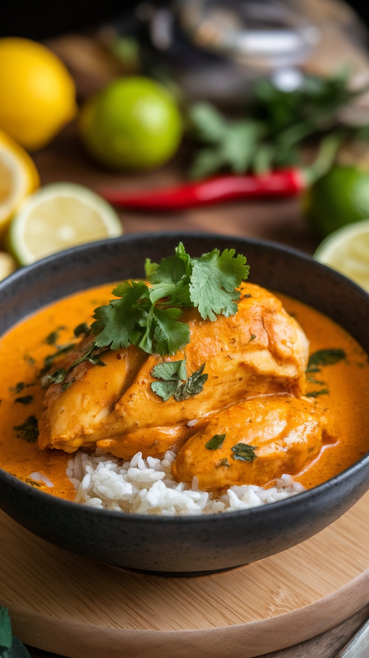 A bowl of coconut curry chicken served over rice, garnished with cilantro.