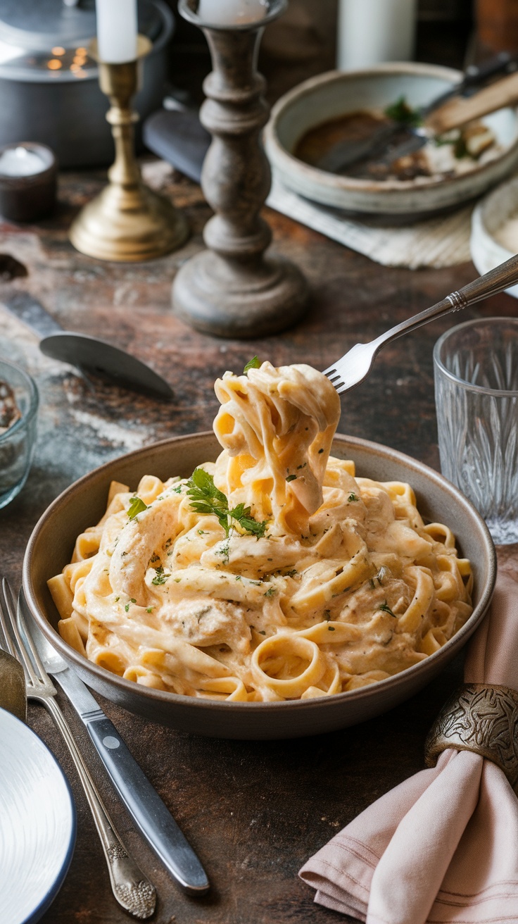 A bowl of creamy chicken Alfredo pasta garnished with parsley