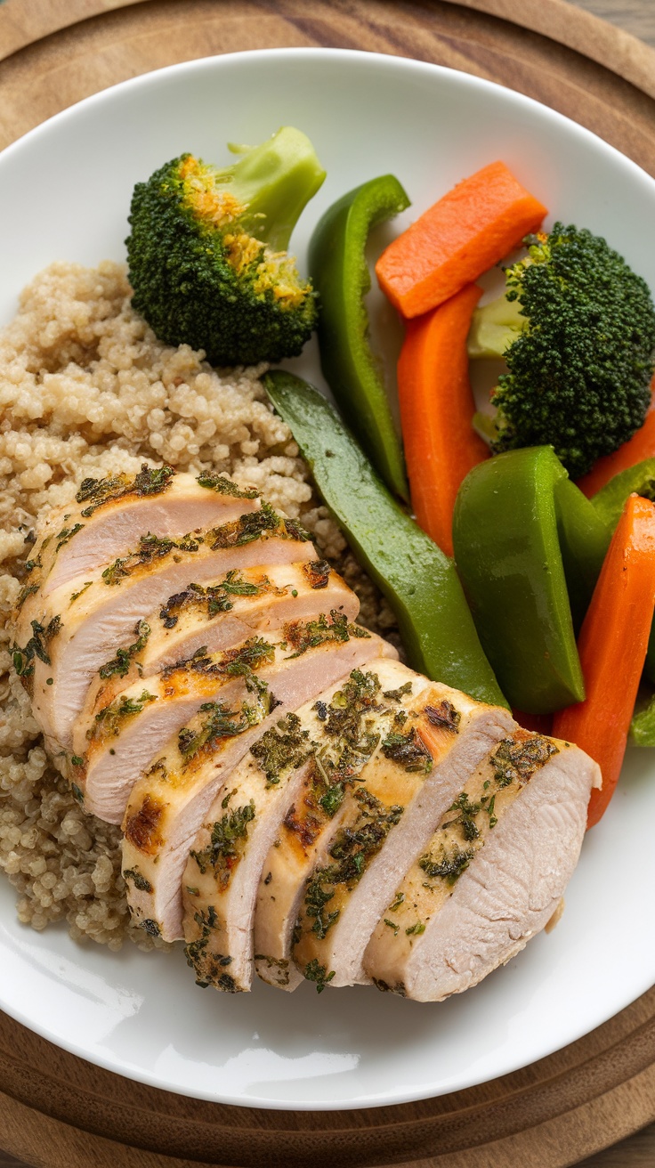 A plate of sliced herbed chicken served with quinoa and mixed vegetables.