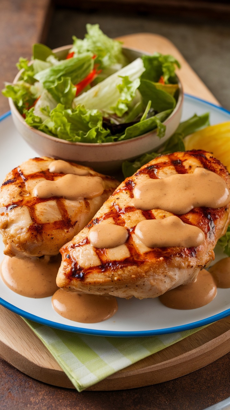 Grilled honey mustard glazed chicken breasts with a salad on the side.