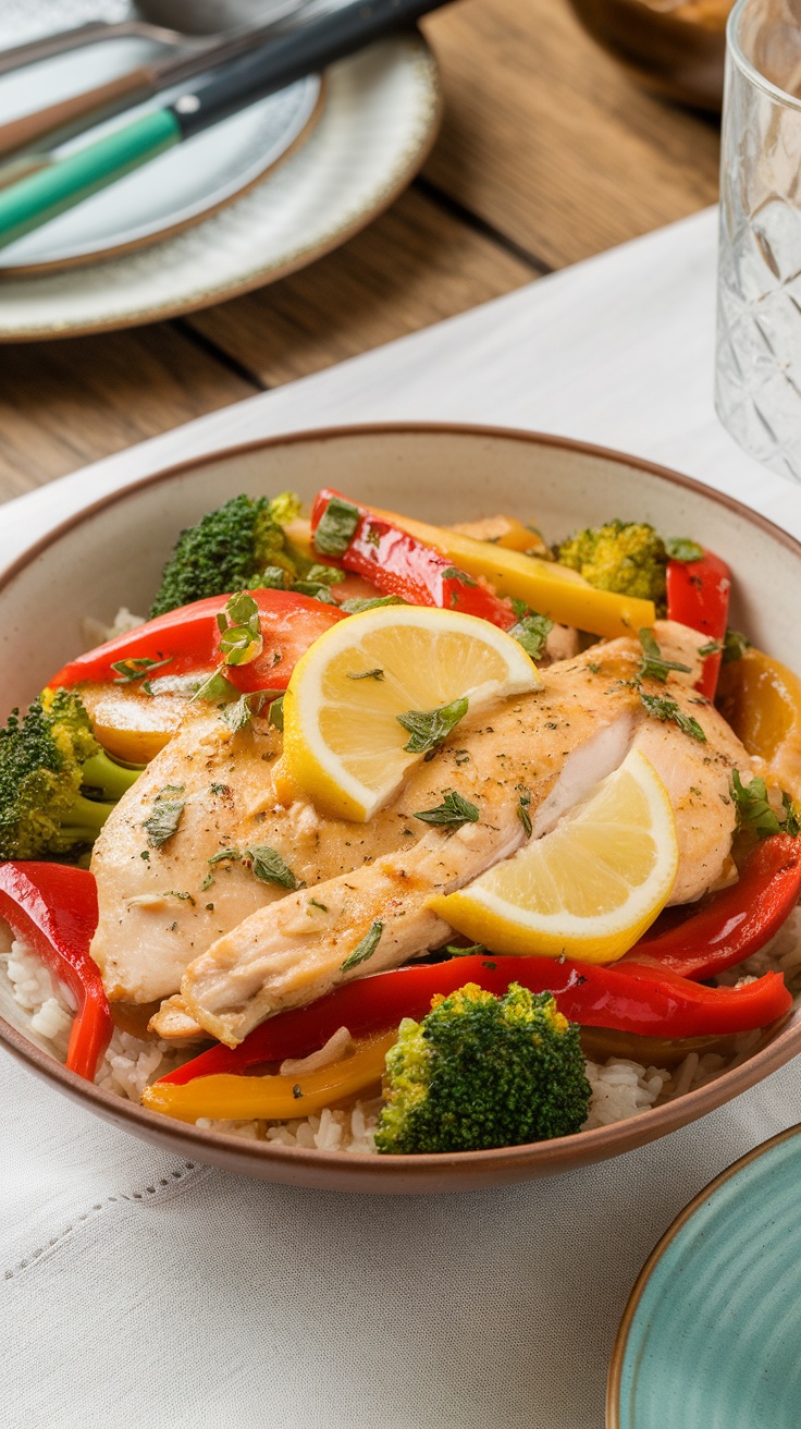 A delicious looking Lemon Garlic Chicken Stir-Fry with colorful vegetables on a plate.