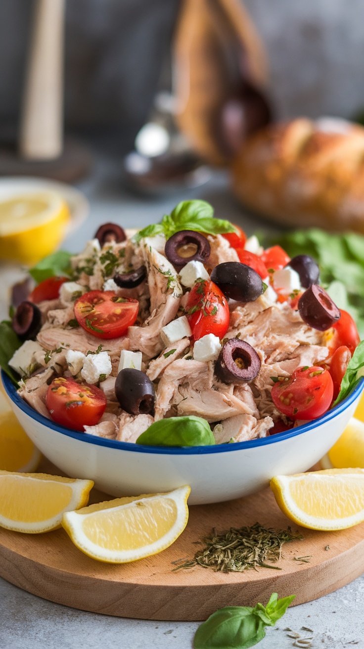 A colorful Mediterranean chicken salad with tomatoes, olives, and feta cheese.