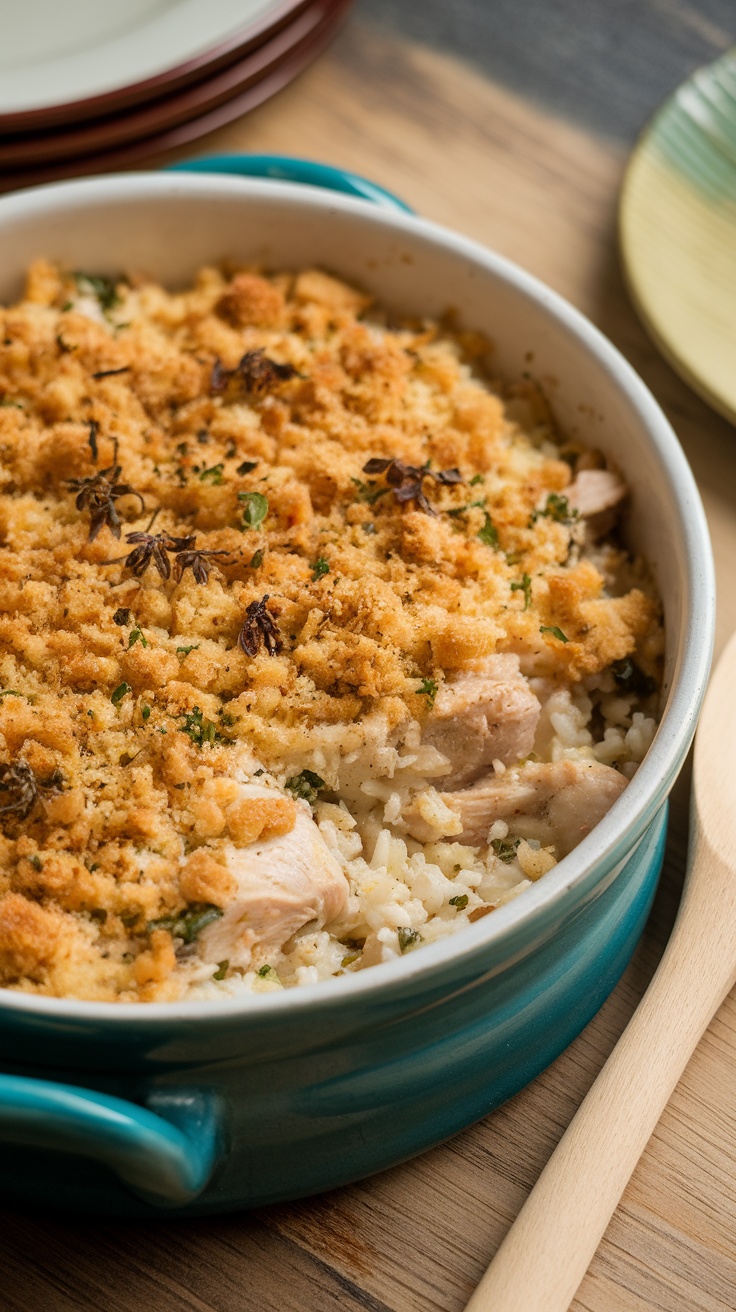 A simple chicken and rice casserole with a golden breadcrumb topping, served in a blue dish.