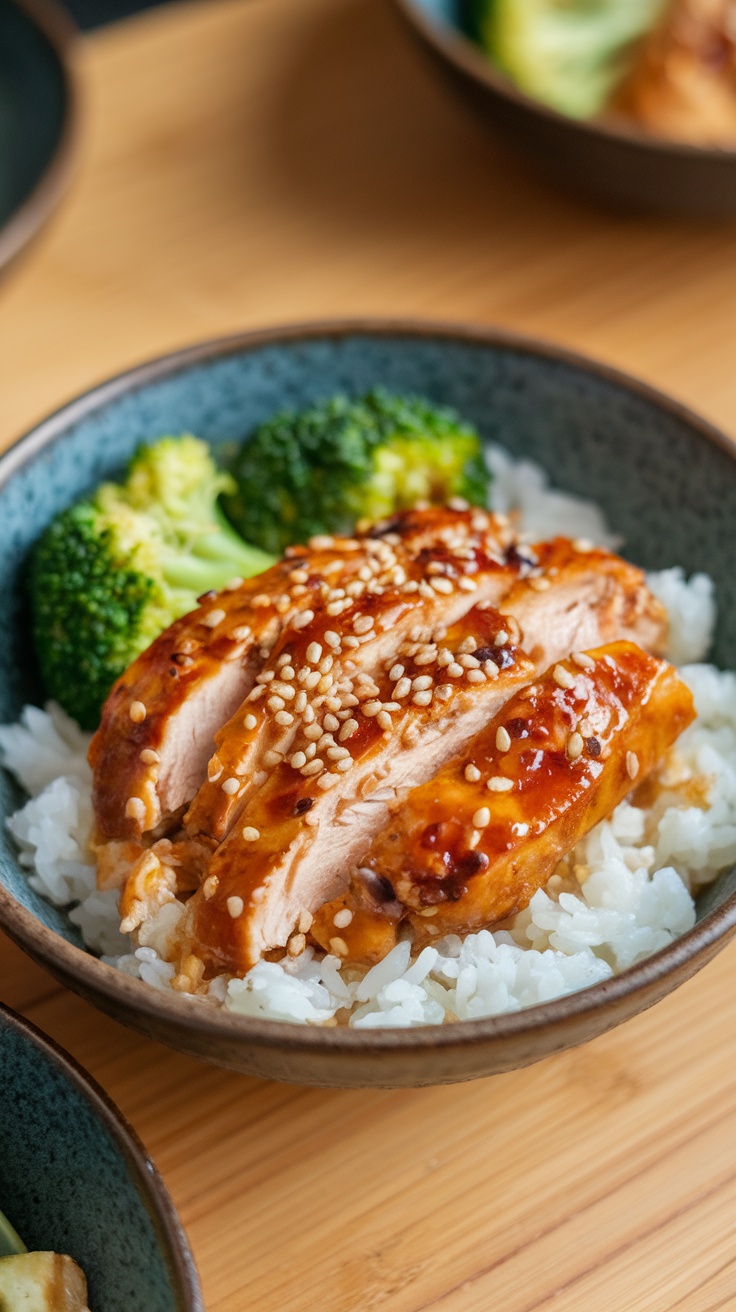 A bowl of Teriyaki Chicken with rice and broccoli.