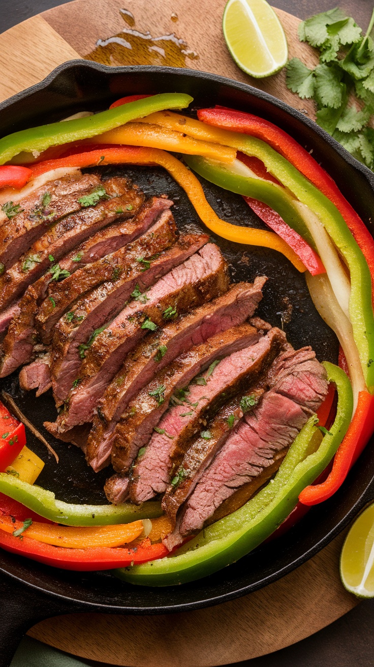 Beef fajitas with sliced flank steak and colorful bell peppers