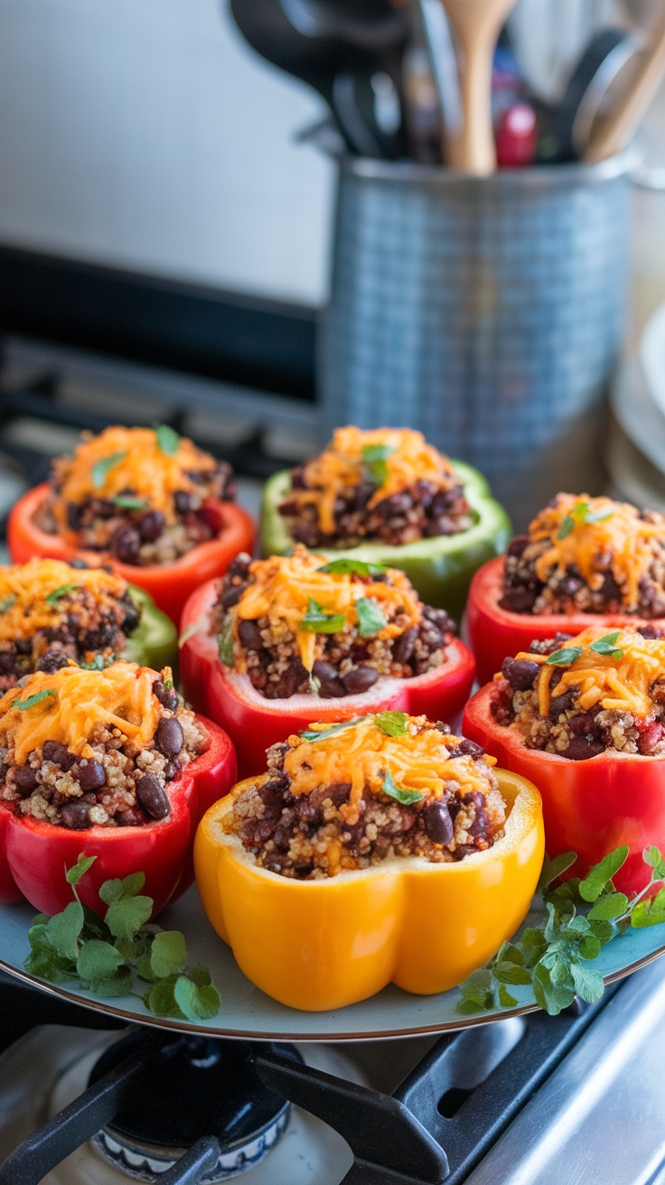 Colorful bell peppers stuffed with black beans and quinoa topped with cheese