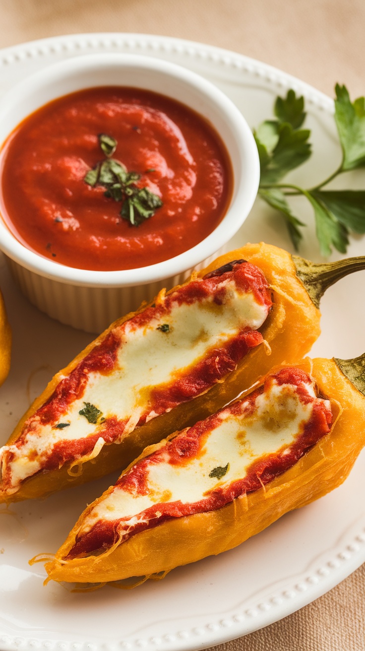 Cheesy Chiles Rellenos served with tomato sauce