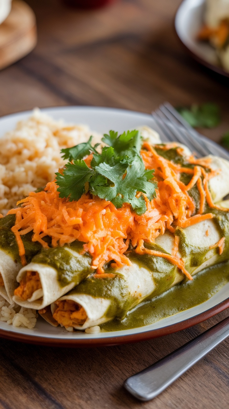 Plate of chicken enchiladas topped with green sauce, shredded cheese, and cilantro