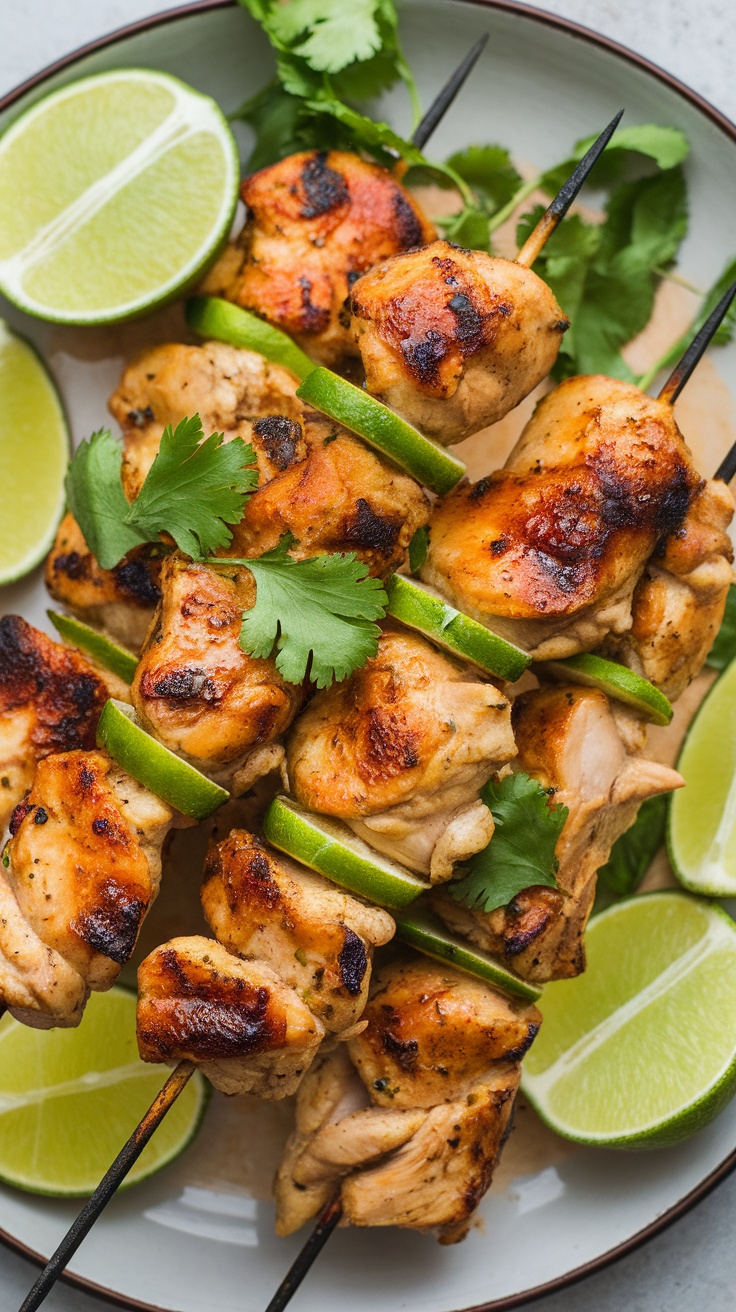 Chili lime chicken skewers garnished with lime and cilantro