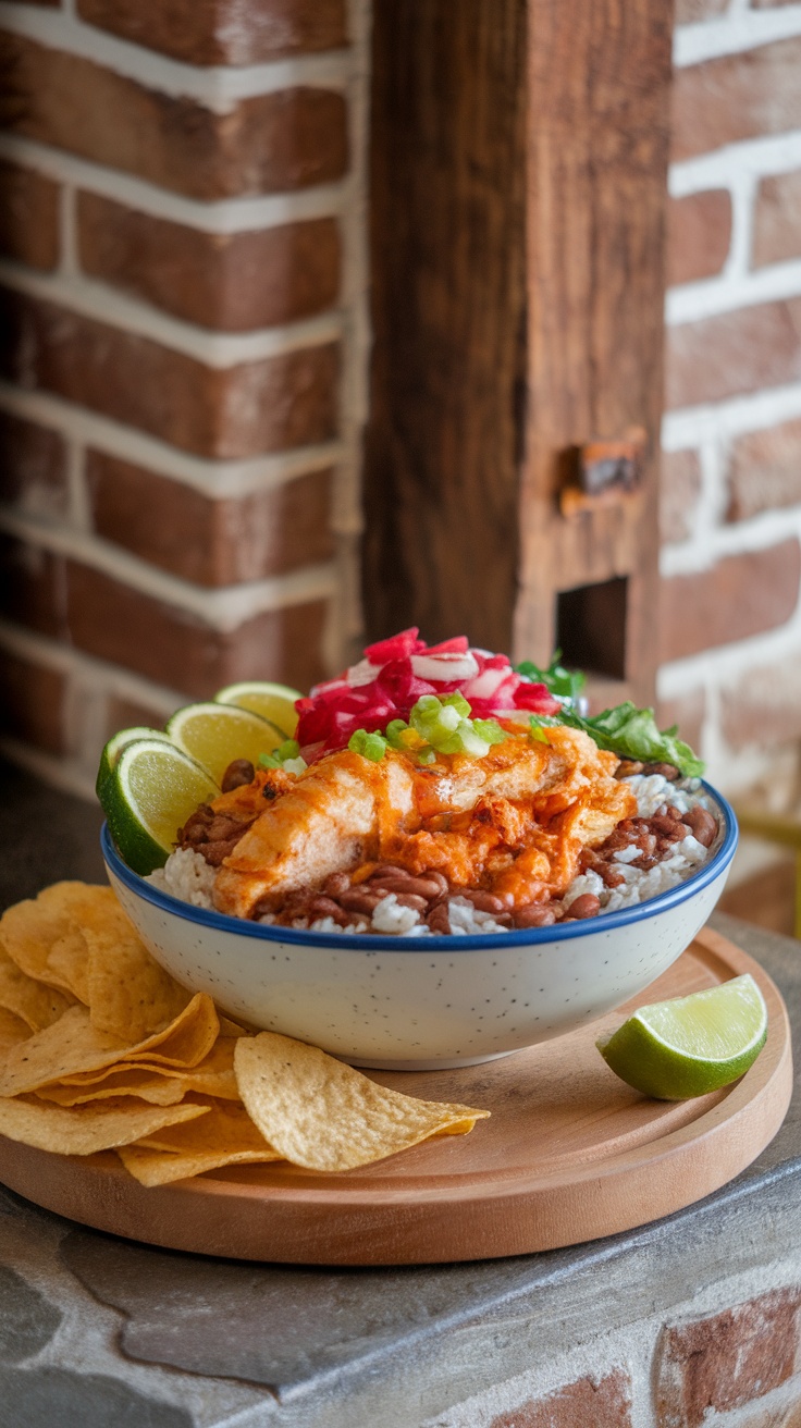 A colorful bowl of Chipotle Chicken Burrito with rice, beans, and fresh toppings.