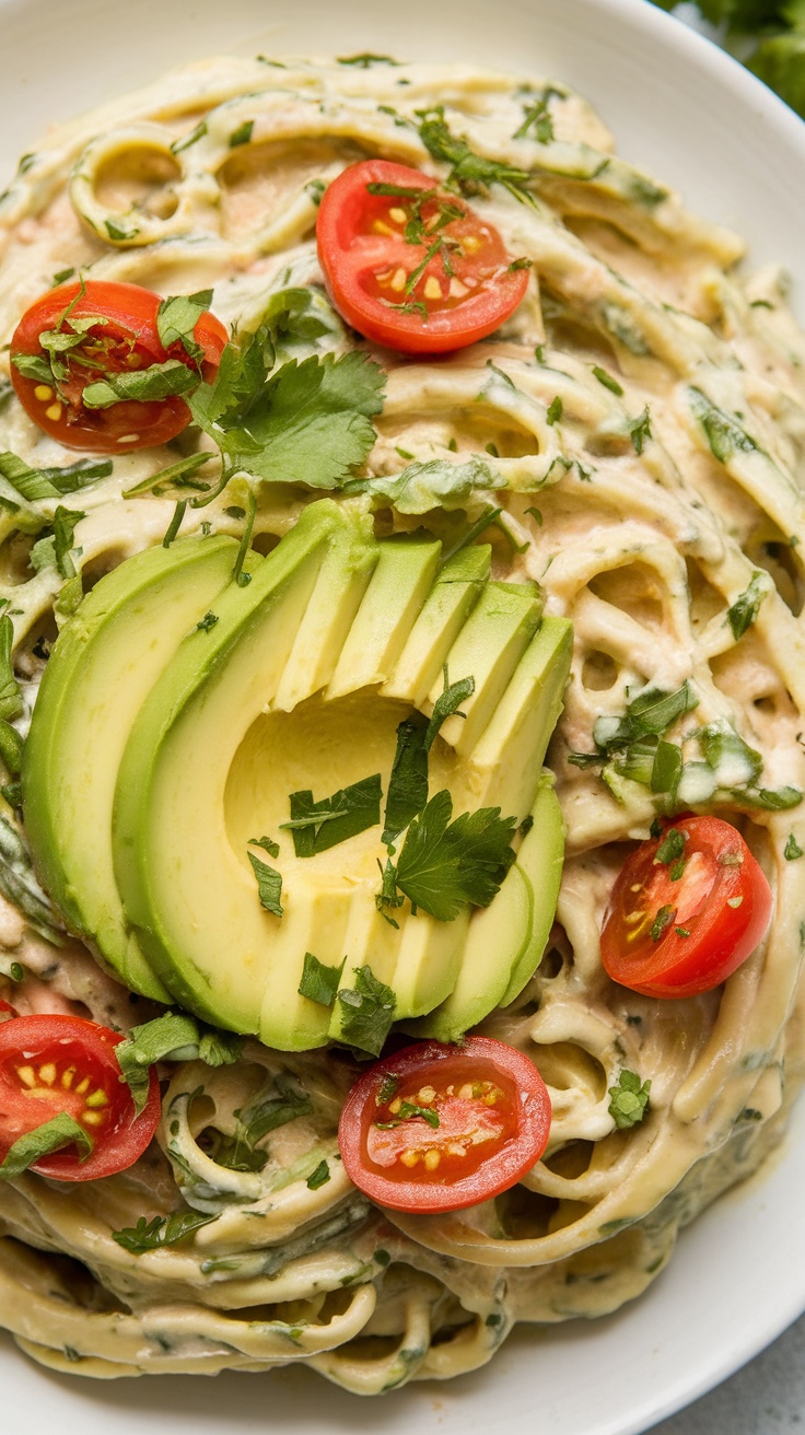 Creamy Avocado Cilantro Pasta topped with avocado slices and cherry tomatoes