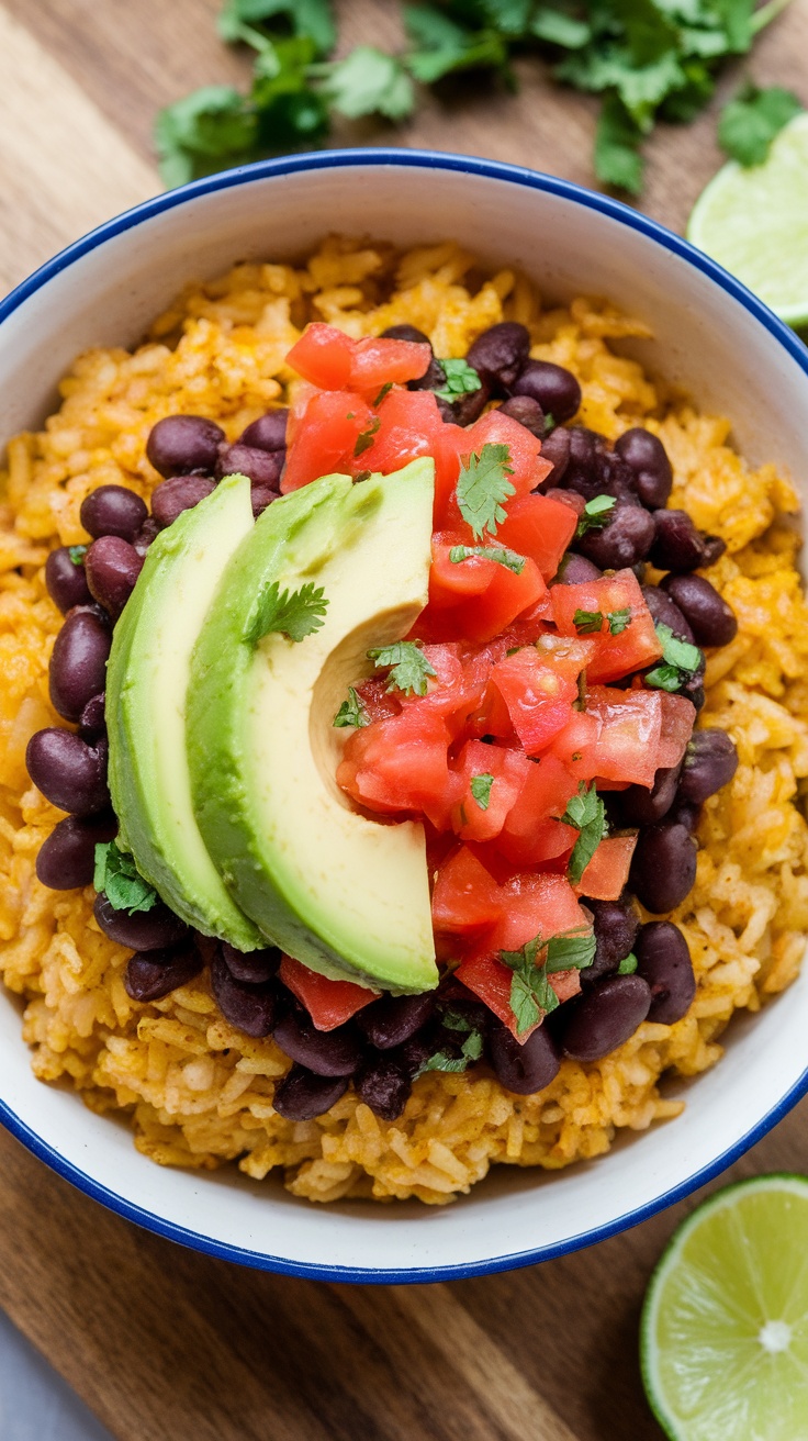 A colorful Mexican rice and beans bowl topped with fresh avocado, tomatoes, and cilantro.