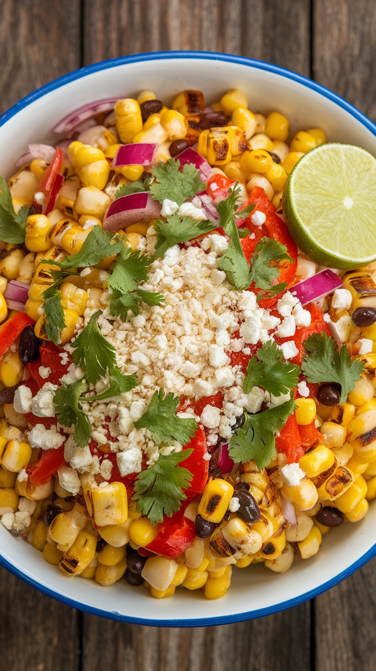 A colorful bowl of Mexican Street Corn Salad with corn, red onion, tomatoes, black beans, and cilantro.