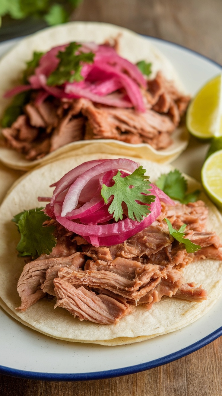 Two pork carnitas tacos topped with cilantro and pickled onions on corn tortillas.