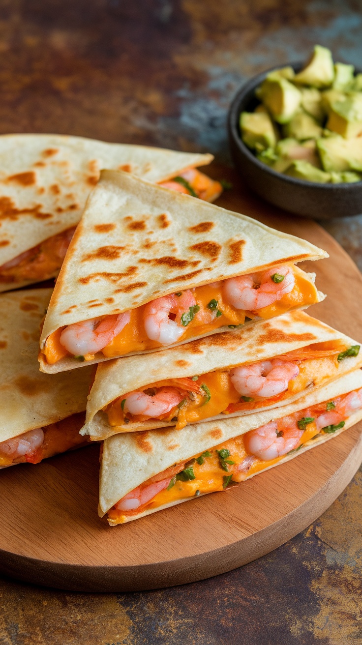 Delicious spicy shrimp quesadillas stacked on a wooden plate