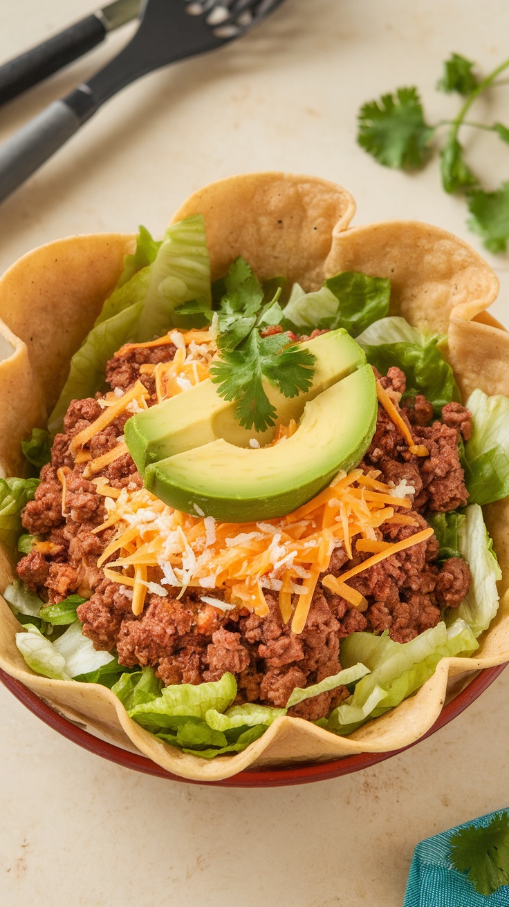 A colorful taco salad with ground beef, lettuce, tomatoes, cheese, and avocado in a crispy tortilla bowl.