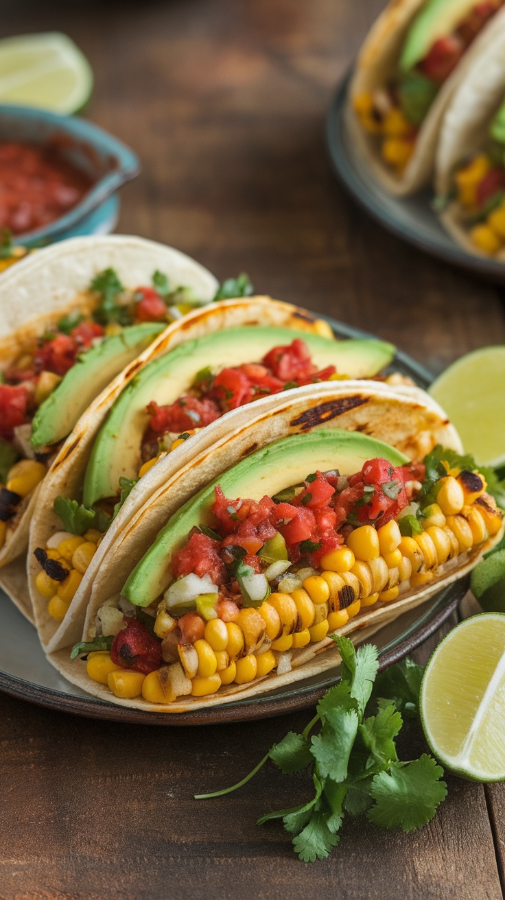 Vegetarian tacos with grilled corn, avocado, and salsa on a plate