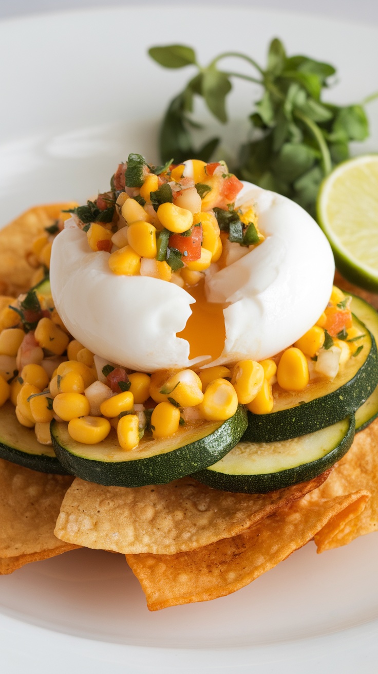 A vibrant dish of Zucchini and Corn Salsa Chilaquiles topped with a poached egg.