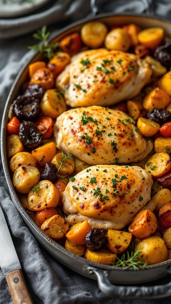 A delicious dish of baked chicken thighs with roasted vegetables, including potatoes and carrots.