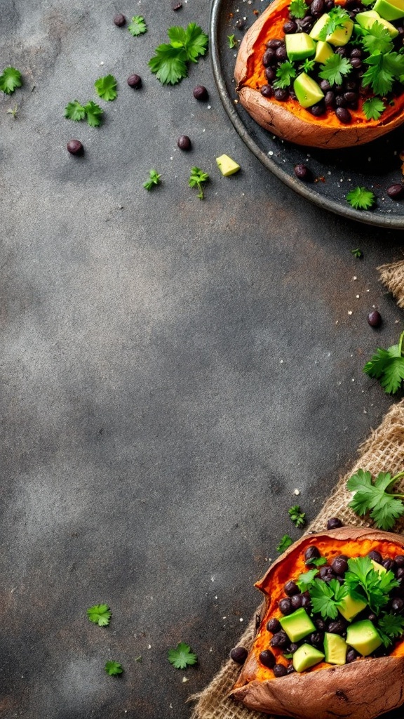 Baked sweet potatoes topped with black beans, corn, avocado, and cilantro.