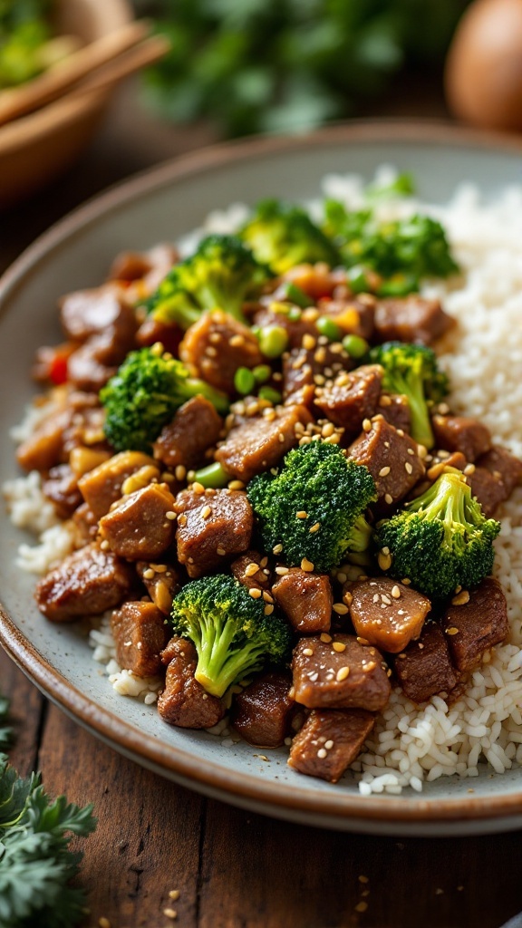 A plate of beef and broccoli stir-fry served over rice.