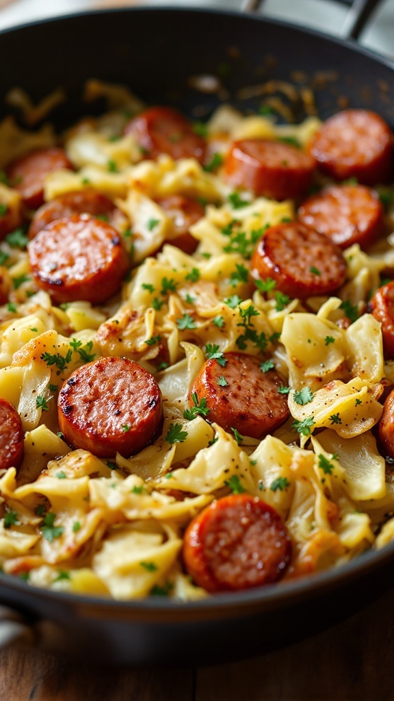 A skillet dish featuring sliced sausage, cabbage, and egg noodles garnished with parsley.