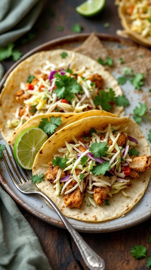 Delicious chicken tacos topped with cabbage slaw and cilantro