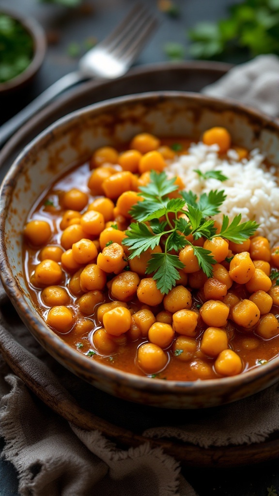 A bowl of chickpea curry with coconut milk, garnished with cilantro and served with rice.