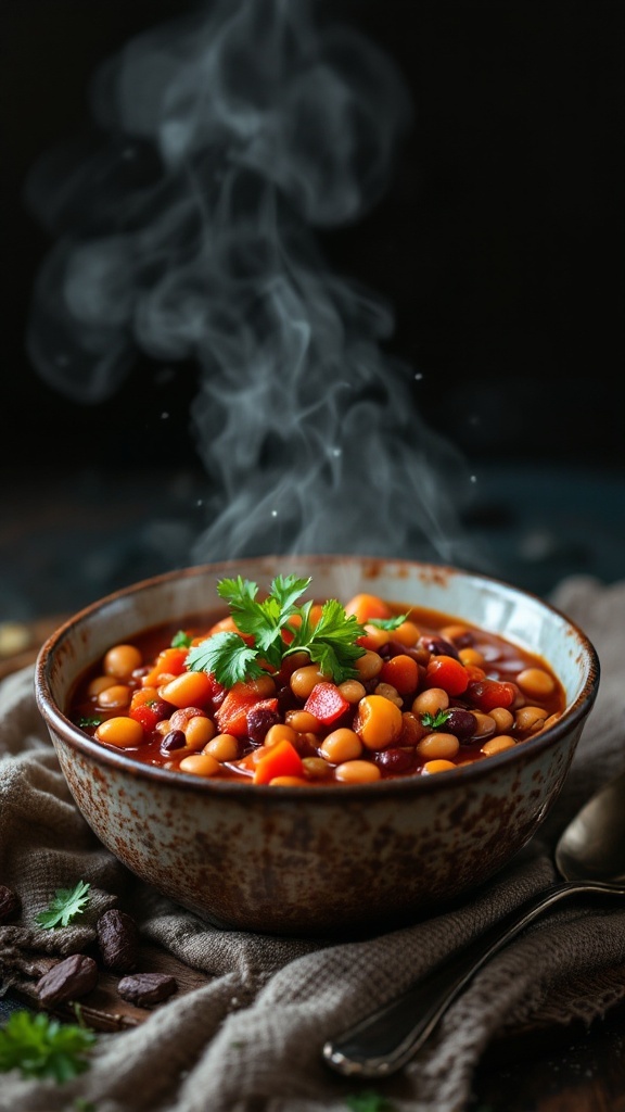 A steaming bowl of chili with kidney beans and tomatoes topped with cilantro.