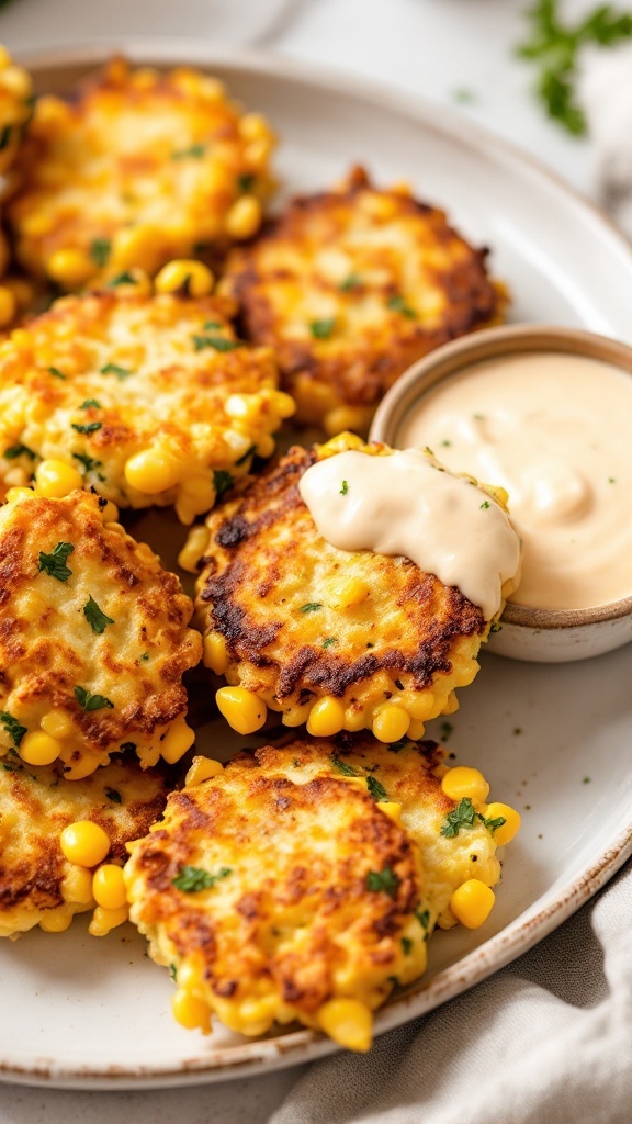 Corn and Zucchini Fritters served with a dipping sauce