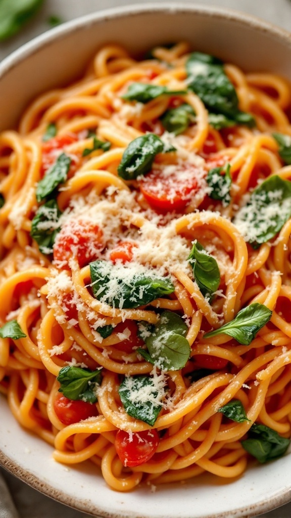 Creamy tomato pasta with spinach topped with cheese