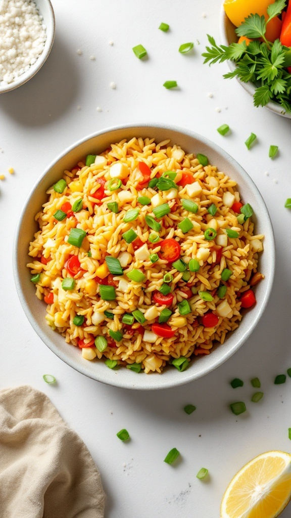 A bowl of colorful egg fried rice with vegetables, garnished with green onions.