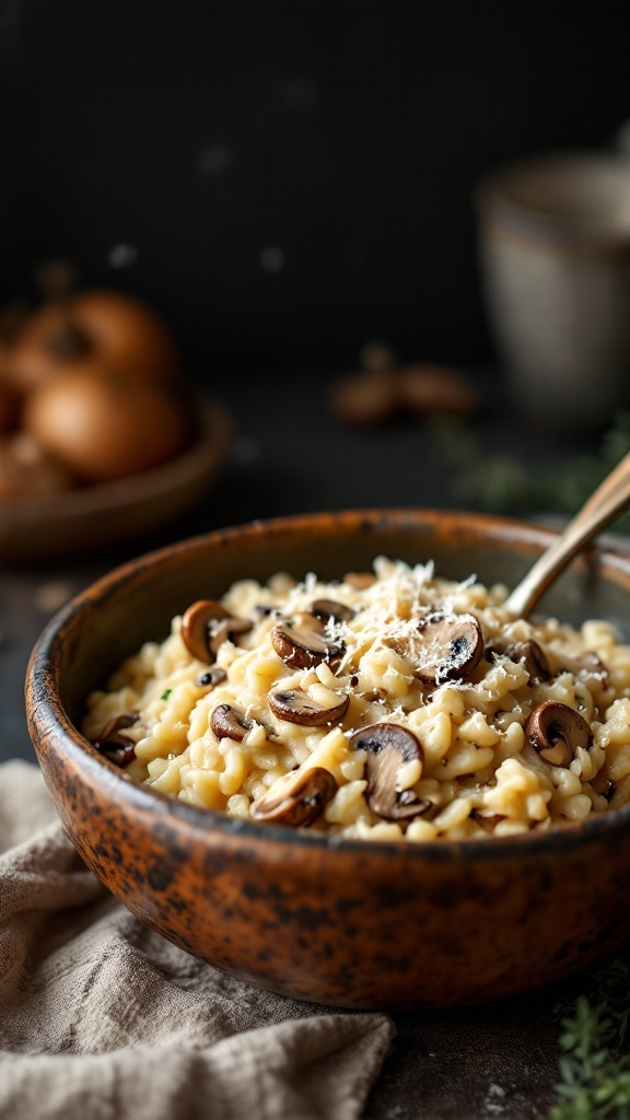 A bowl of creamy mushroom risotto topped with Parmesan cheese.