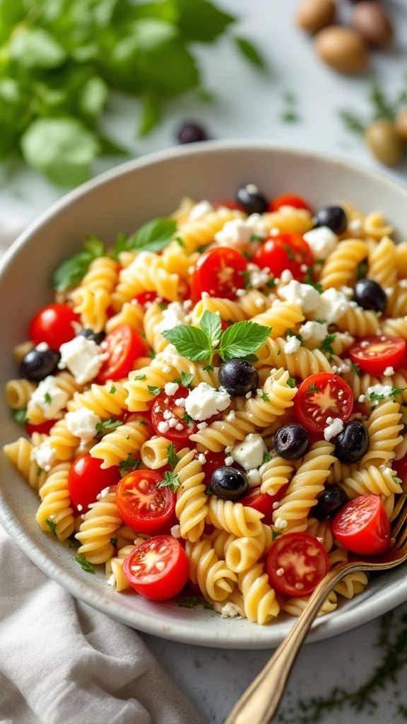 A vibrant pasta salad with cherry tomatoes, olives, and feta cheese.