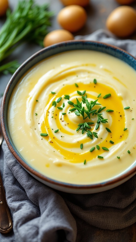 A bowl of creamy potato and leek soup garnished with chives.