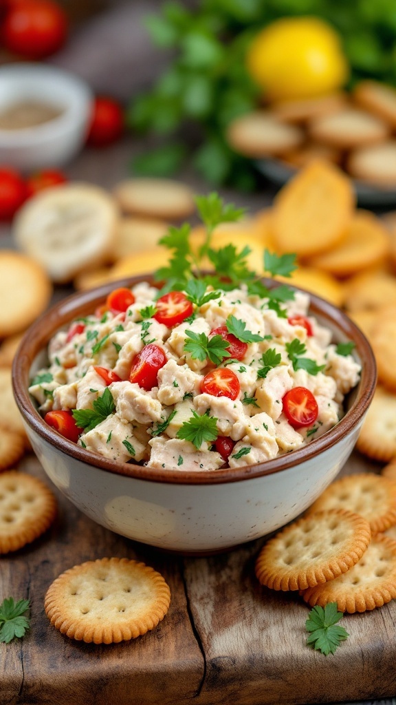 A bowl of tuna salad garnished with cherry tomatoes and parsley, served with crackers.